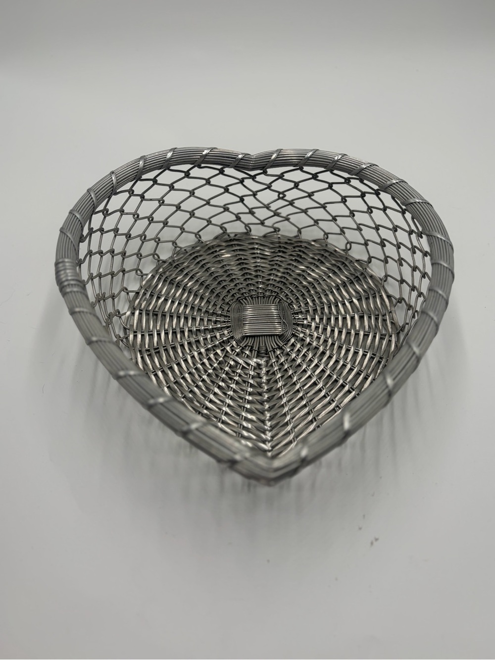Vintage Silver Metal Heart Basket | Handwoven Heart Shaped Basket